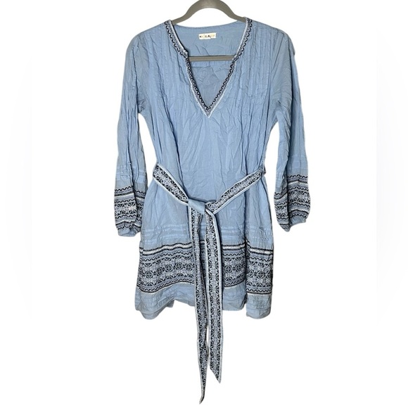 Roller Rabbit Nydia Blue Crosshatch Embroidered Puff Sleeve Boho Mini Dress M - Picture 2 of 6